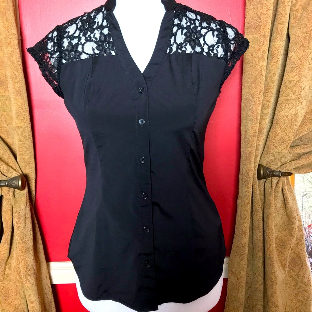 Express Black V Neck Button Down Lace Top